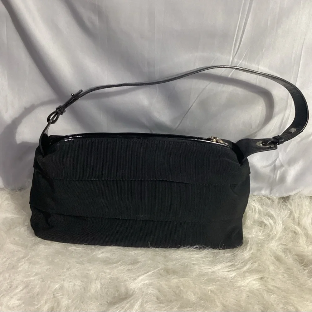 SOLD……..Salvatore Ferragamo Small Black Canvas Patent Leather Shoulder Bag VGUC - Picture 3 of 11